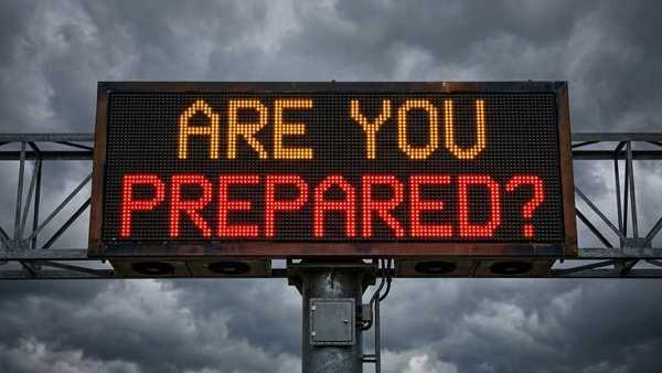 Electronic road sign displaying “ARE YOU PREPARED?” against dark storm clouds, highlighting the importance of emergency readiness before severe weather.