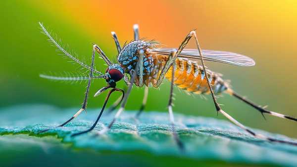 Close-up of a mosquito on a surface, showing detailed body, legs, and proboscis against a colorful blurred background